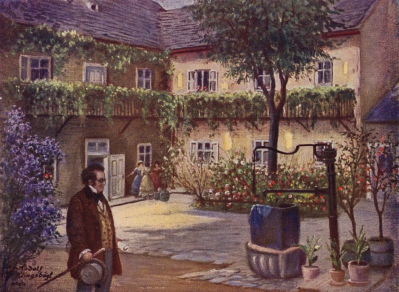 "Dreimaderlhaus" (farve litho) af Rudolf Klingsbogl