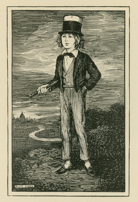 Et imaginært portræt af Charles Dickens som ung dreng (gravering) af Ruth Cobb