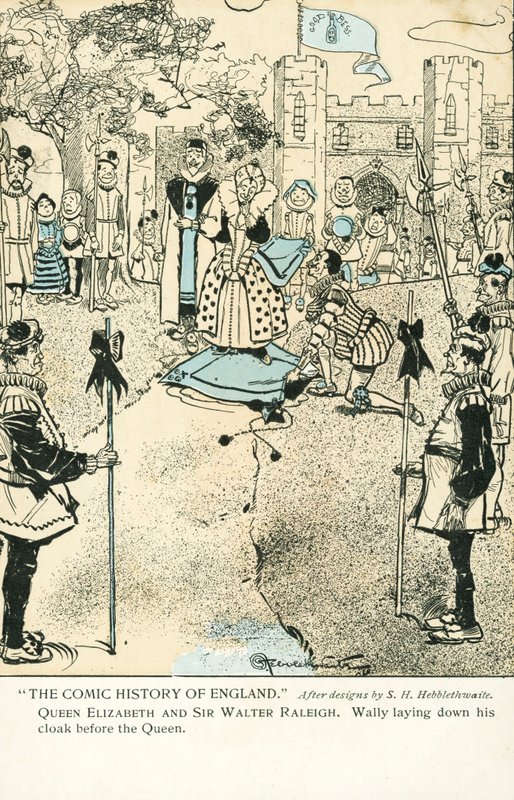 Sir Walter Raleigh lægger sin kappe ned for dronning Elizabeth I for at gøre det muligt for hende at undgå en vandpyt (farve litho) af S. H. Hebblethwaite