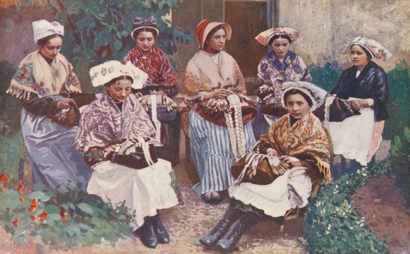 En gruppe kniplingskunstnere (farvelitografi) af Sabine Baring Gould