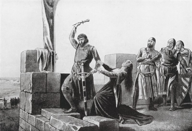 Alonso de Guzman kaster sin dolk til Don Juan (litografi) af Salvador (after) Martinez Cubells