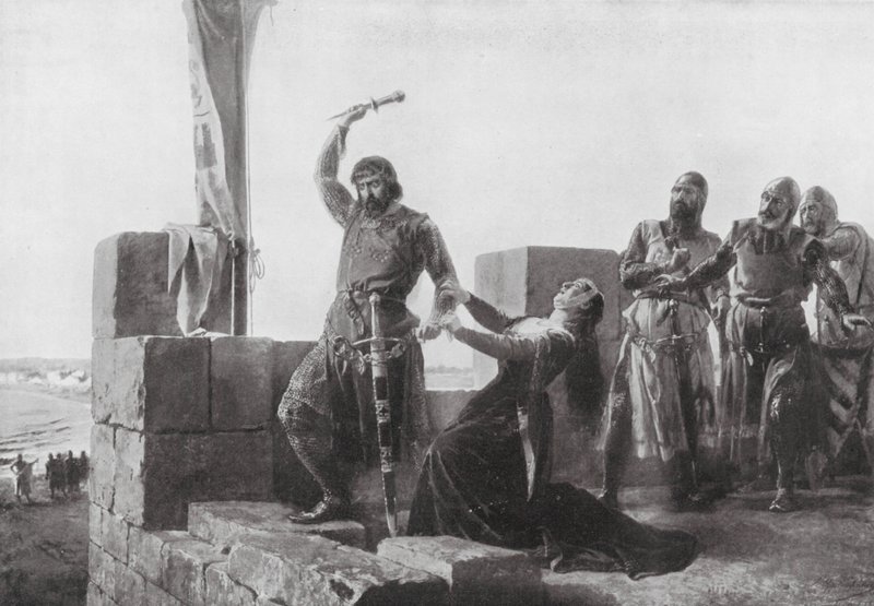 Alonso de Guzman kaster sin dolk til Don Juan (litografi) af Salvador (after) Martinez Cubells