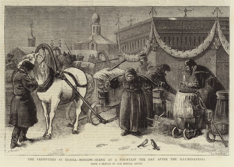 Festlighederne i Rusland, Moskva, scene ved et springvand dagen efter belysningerne af Samuel Edmund Waller