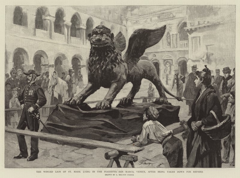 Markuskirkens vingede løve på Piazzetta San Marco i Venedig, efter at den er blevet taget ned for at blive repareret af Samuel Melton Fisher