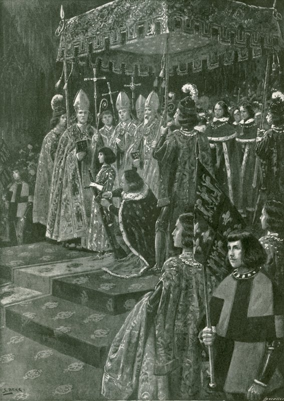 Overrækkelsen af sporer og sværd ved kroningen af Henrik VI (litografi) af Samuel (after) Begg