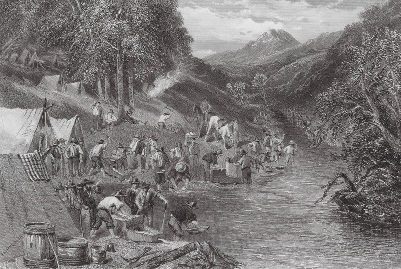Australien: Alluvial guldvaskning (gravering) af Samuel (after) Prout