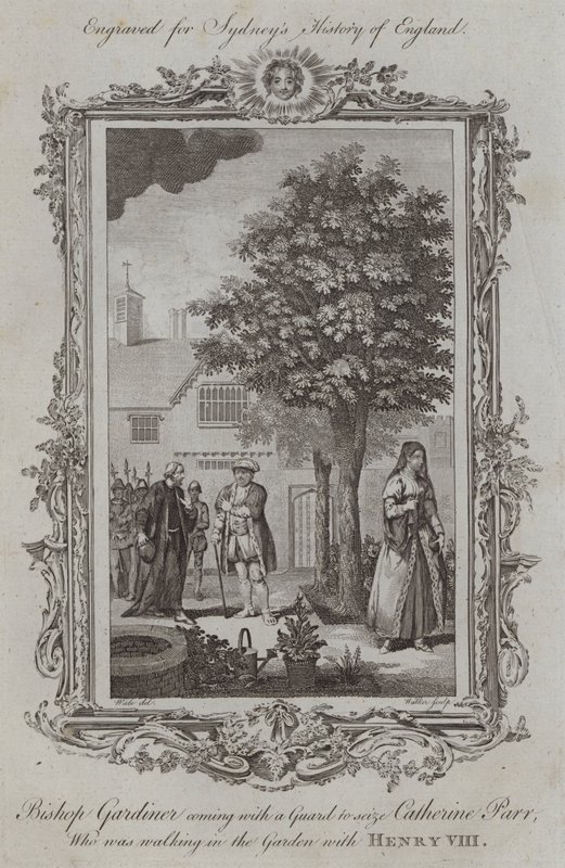 Biskop Gardiner kommer med en vagt for at gribe Catherine Parr, som gik i haven med Henrik VIII (gravering) af Samuel (after) Wale
