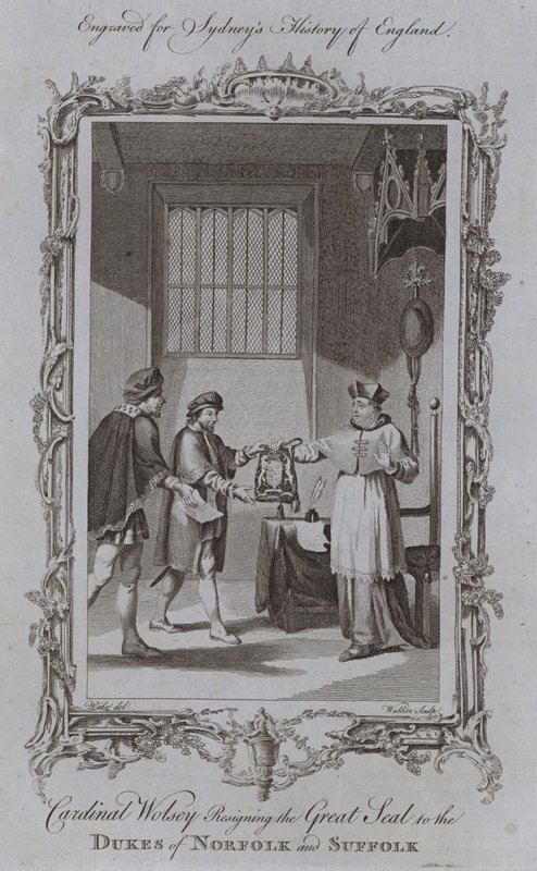 Kardinal Wolsey overgiver det store segl til hertugerne af Norfolk og Suffolk (gravering) af Samuel (after) Wale