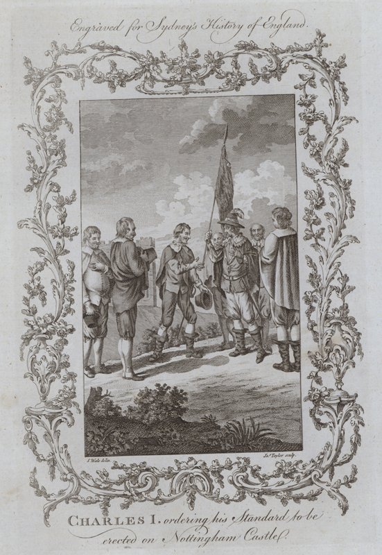 Charles I beordrede sin standard til at blive opført på Nottingham Castle (gravering) af Samuel (after) Wale