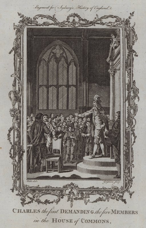 Charles den første, der kræver de fem medlemmer i Underhuset (gravering) af Samuel (after) Wale
