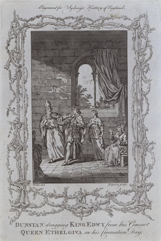 Dunstan trækker kong Edwy fra sin gemalinde, dronning Ethelgiva på sin kroningsdag (gravering) af Samuel (after) Wale