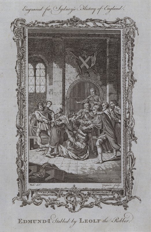 Edmund I stukket af Leolf røveren (gravering) af Samuel (after) Wale