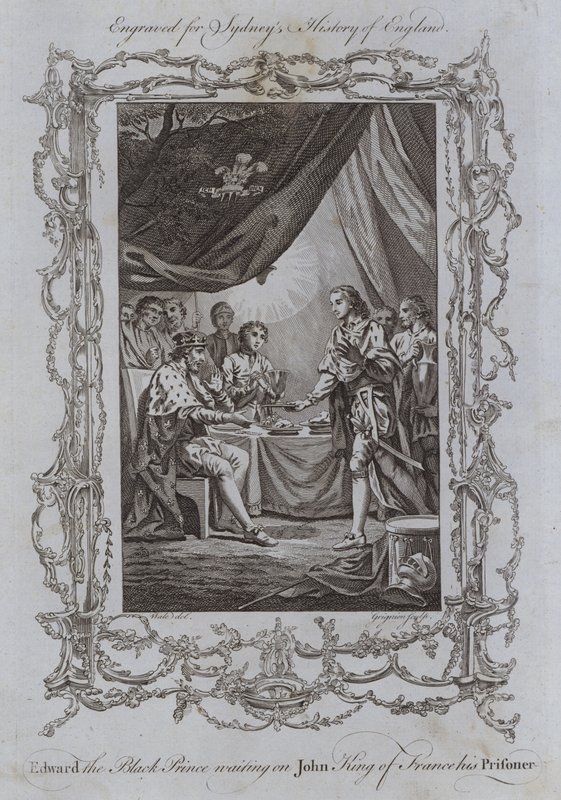 Edward den sorte prins venter på John King of France, hans fange (gravering) af Samuel (after) Wale