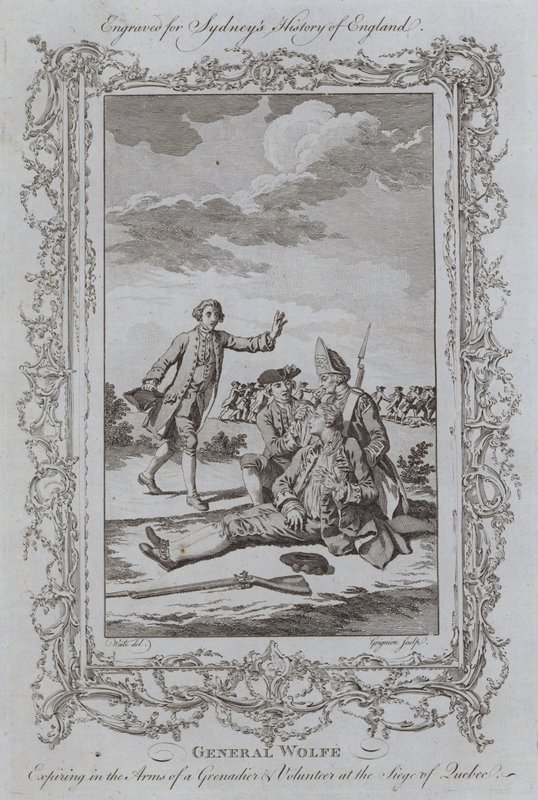 General Wolfe udløber i armene på en grenader og frivillig ved belejringen af Quebec (gravering) af Samuel (after) Wale