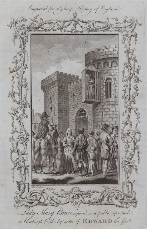 Lady Mary Bruce afslørede, som et offentligt skue, på Roxburgh Castle, efter ordre fra Edward den første (gravering) af Samuel (after) Wale