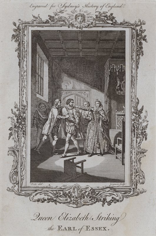 Dronning Elizabeth slår jarlen af Essex (gravering) af Samuel (after) Wale