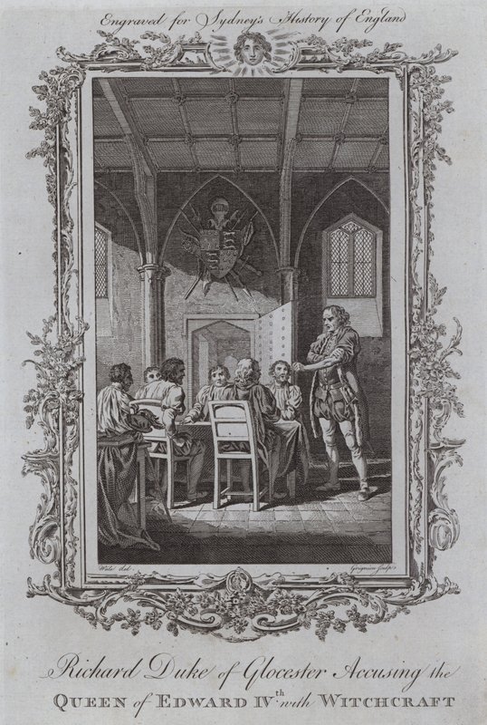 Richard Duke of Gloucester anklager dronningen af Edward IV med hekseri (gravering) af Samuel (after) Wale