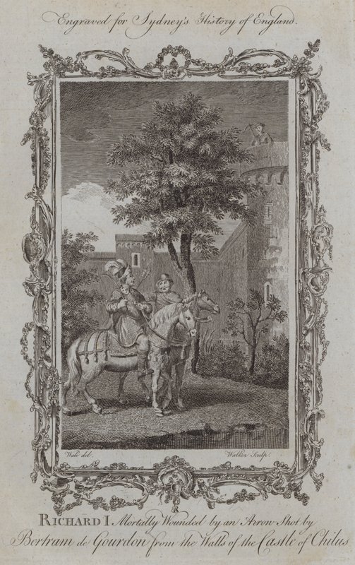 Richard I dødeligt såret af en pil, skudt af Bertram de Gourdon fra murene på slottet Chilus (gravering) af Samuel (after) Wale