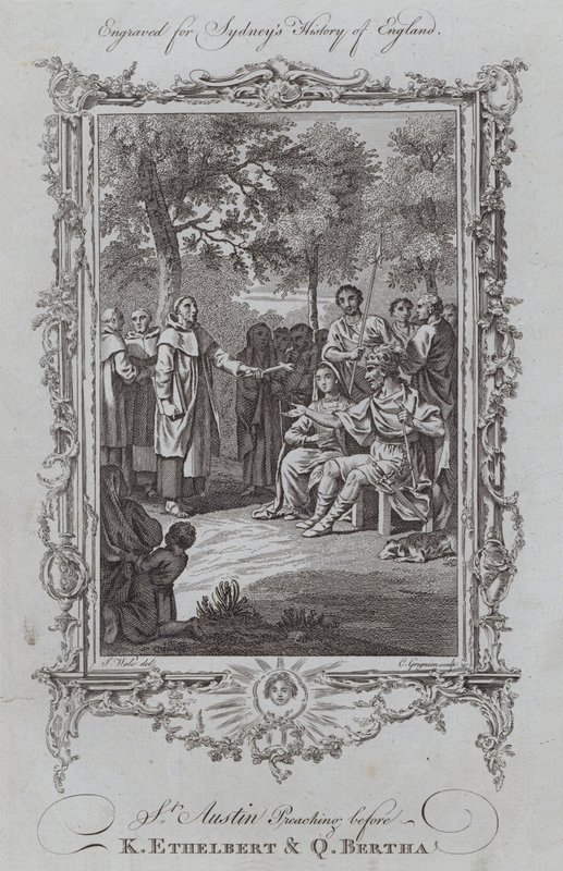 St Austin prædiker før K Ethelbert og Q Bertha (gravering) af Samuel (after) Wale