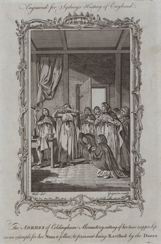 Abbedissen af Coldingham-klosteret skærer hendes næse og overlæbe som et eksempel, som hendes nonner kan følge, for at undgå at blive henrykt af danskerne (gravering) af Samuel (after) Wale