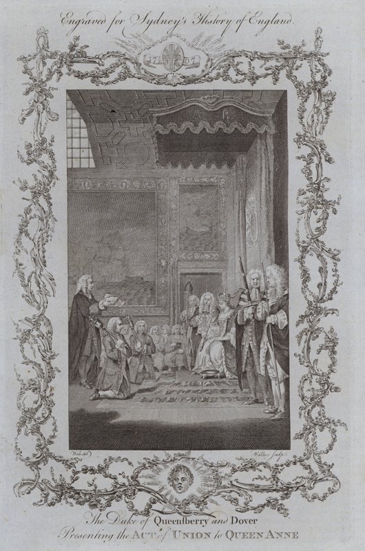 Hertugen af Queensberry og Dover præsenterer Unionsloven til dronning Anne (gravering) af Samuel (after) Wale
