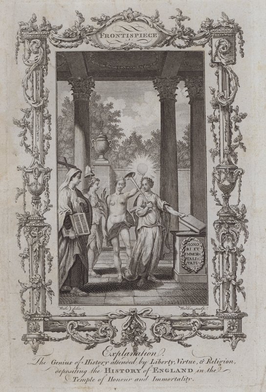 Historiens geni med deltagelse af Frihed, Dyd og Religion, deponering af Englands Historie i Temple of Honor and Immortality (gravering) af Samuel (after) Wale