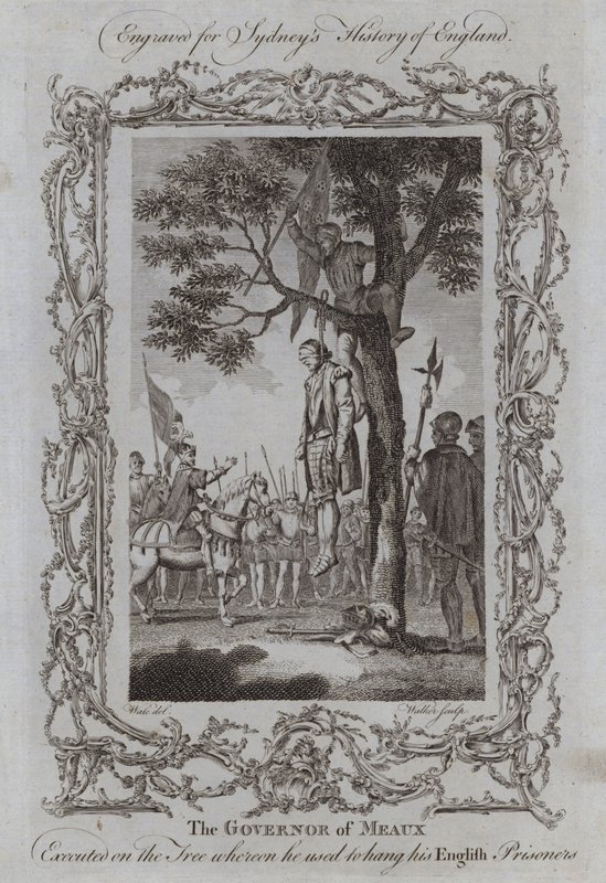 Guvernøren i Meaux henrettet på træet, hvorpå han plejede at hænge sine engelske fanger (gravering) af Samuel (after) Wale
