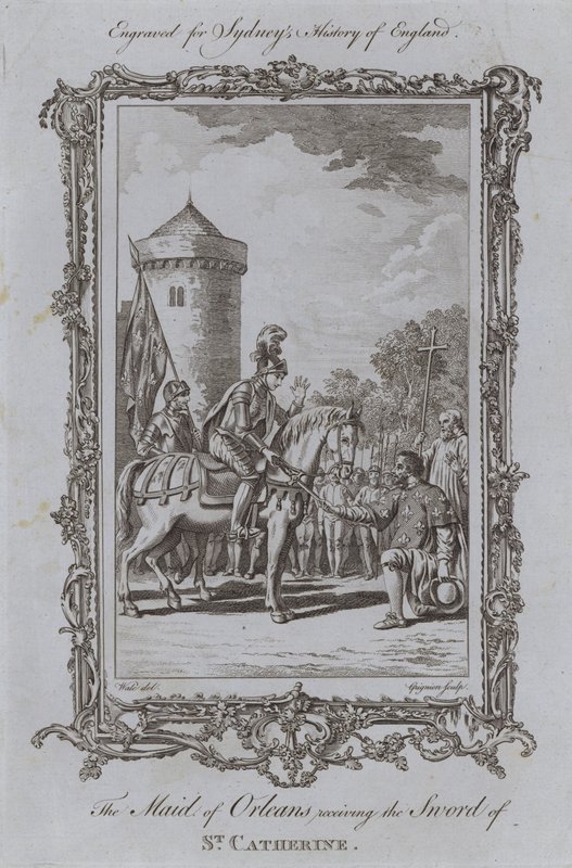 Jomfruen af Orleans modtager St. Catherines sværd (gravering) af Samuel (after) Wale