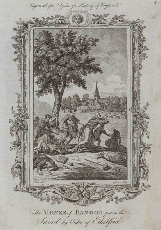 Munkene fra Bangor bragt til sværdet efter Ethelfrids ordre (gravering) af Samuel (after) Wale