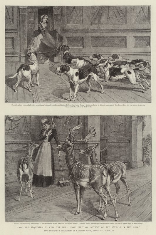 Du anmodes om at holde hallens døre lukkede på grund af dyrene i parken (litho) af Samuel Edmund (after) Waller