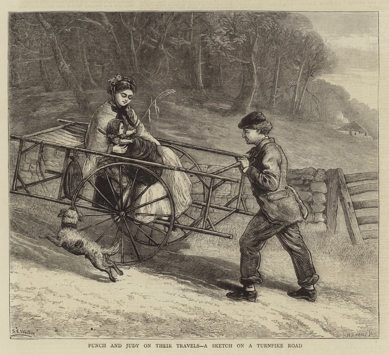 Punch og Judy på deres rejser, en skitse på en Turnpike Road af Samuel Edmund Waller