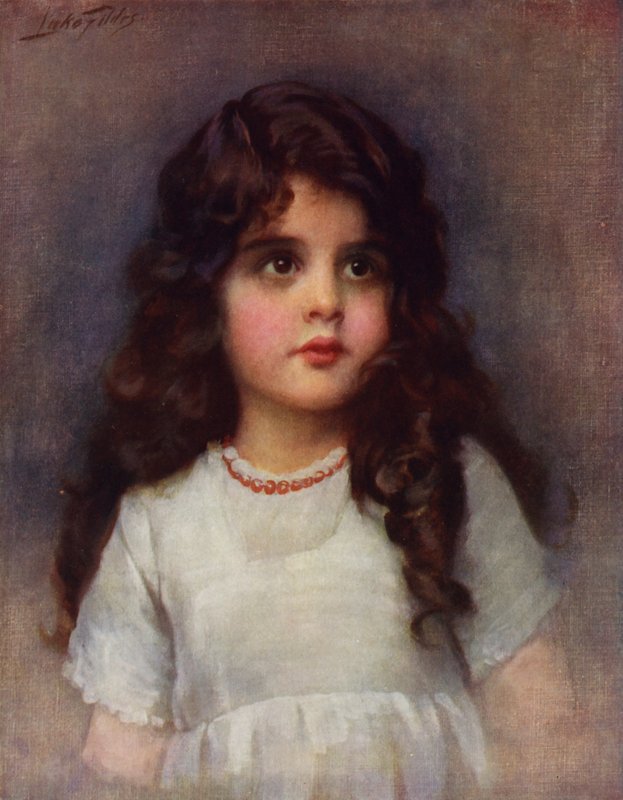 Curly Locks: portræt af en smuk ung pige med langt mørkt krøllet hår (farve litho) af Samuel Luke (after) Fildes