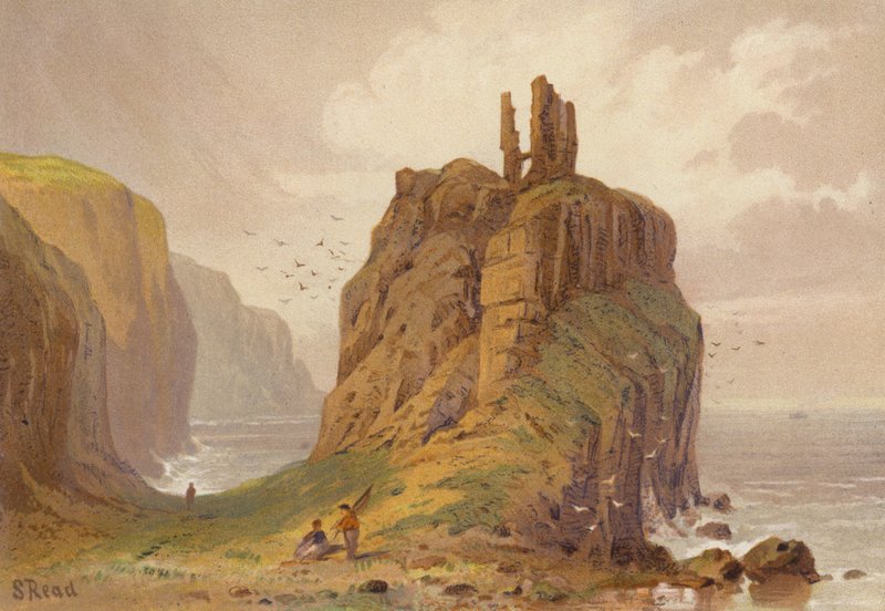 Nordirland, Dunseverick Castle (farve litho) af Samuel Read