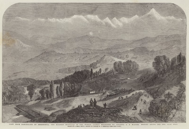 Udsigt fra Darjeeling af Deodhunga, det højeste bjerg i verden, for nylig målt af oberst A S Waugh, Højde over havet, 29002 fod af Samuel Read