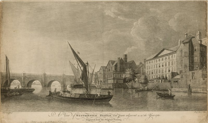 En udsigt over Westminster Bridge med dele tilstødende som i år 1760 af Samuel Scott