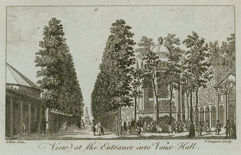 Udsigt over indgangen til Vauxhall Gardens, London af Samuel Wale