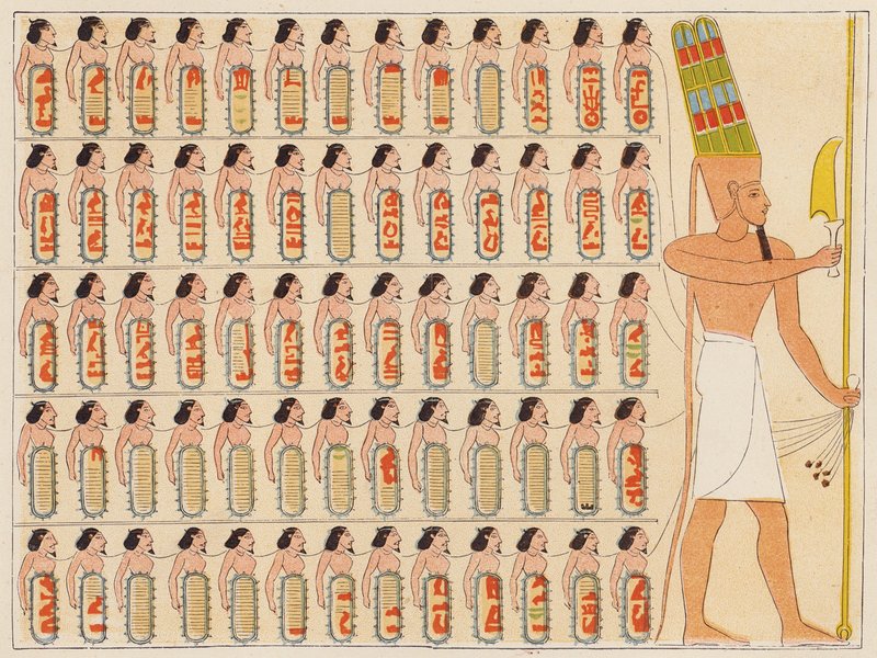 Den gamle egyptiske farao Shoshenq I i spidsen for sin hær (farvelitografi) af School Egyptian