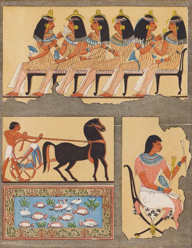 Fresker fra en gammel egyptisk grav, Theben (farvelitografi) af School Egyptian