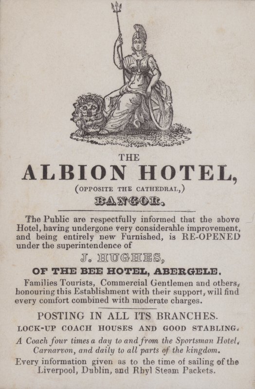 Annonce for Albion Hotel, Bangor, North Wales (gravering) af School Welsh