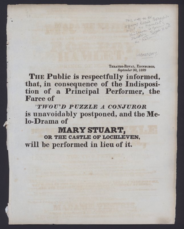 Meddelelse om en ændring af den fakturerede forestilling på Theatre Royal, Edinburgh, 30. september 1829 (litho) af Scottish School