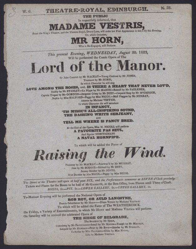 Teaterprogram for Theatre Royal, Edinburgh, 20. august 1823 (litho) af Scottish School