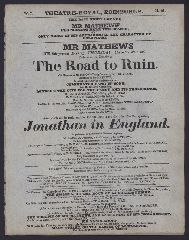 Teaterprogram for Theatre Royal, Edinburgh, 29. december 1825 (litho) af Scottish School