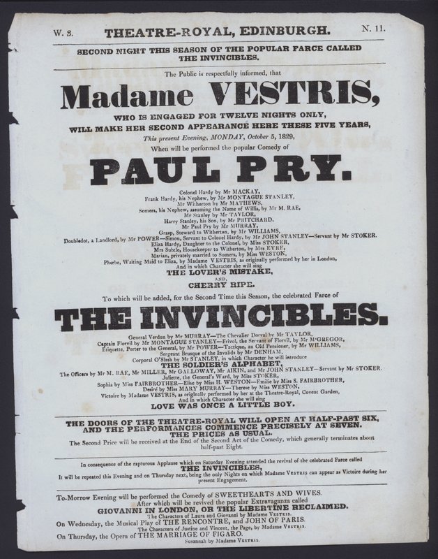 Teaterprogram for Theatre Royal, Edinburgh, 5. oktober 1829 (litho) af Scottish School