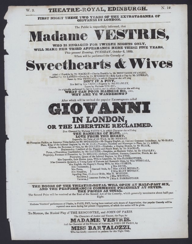 Teaterprogram for Theatre Royal, Edinburgh, 6. oktober 1829 (litho) af Scottish School