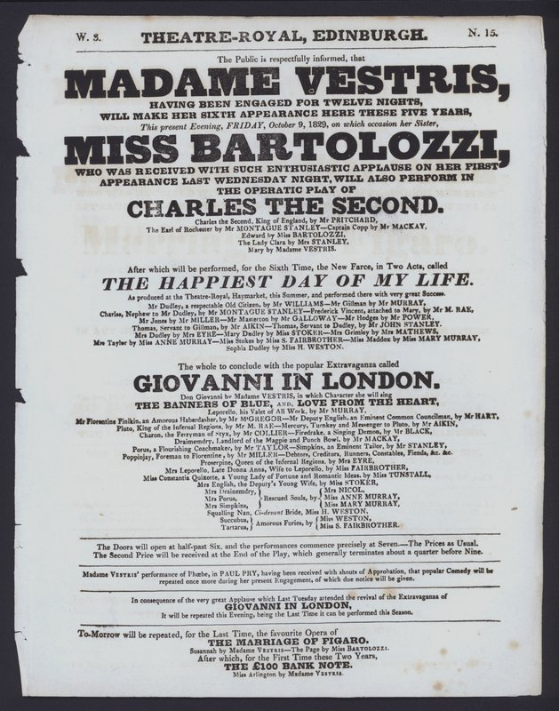 Teaterprogram for Theatre Royal, Edinburgh, 9. oktober 1829 (litho) af Scottish School
