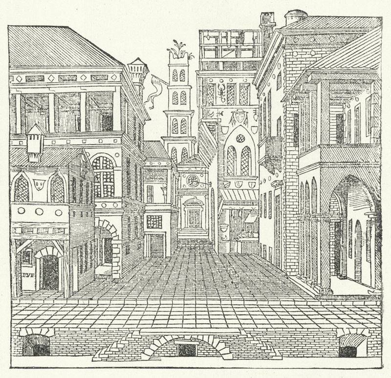 Scenedesign af den italienske maneristarkitekt Sebastiano Serlio til en komedie af Sebastiano Serlio