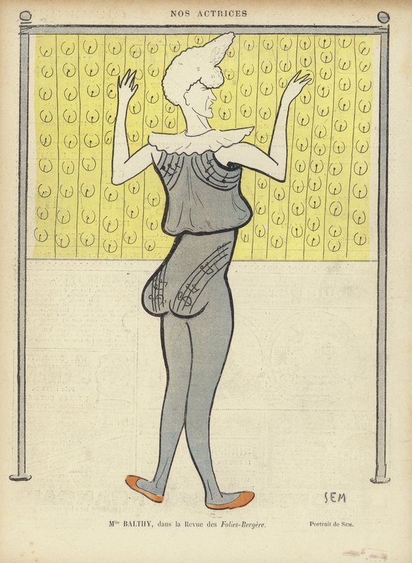Louise Balthy, fransk skuespillerinde, på Folies-Bergere, illustration til Le Rire af Sem