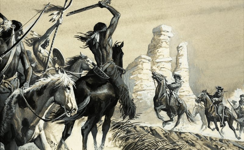 Et overraskende møde mellem to spejdergrupper, den ene indianer og den anden amerikansk kavaleri. af Severino Baraldi