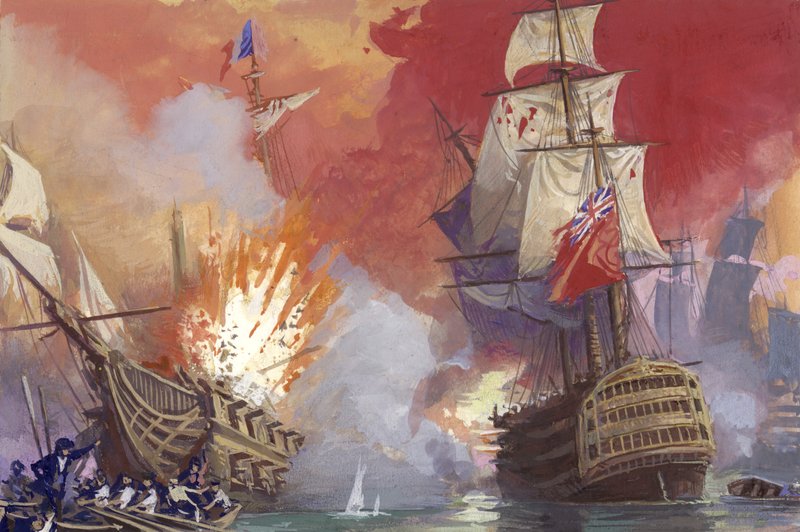 Britisk søslag med franskmændene under Napoleonskrigene (gouache på papir) af Severino Baraldi