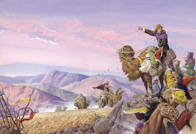Marco Polo på den lange vej til Cathay, 20. århundrede (gouache på papir) af Severino Baraldi